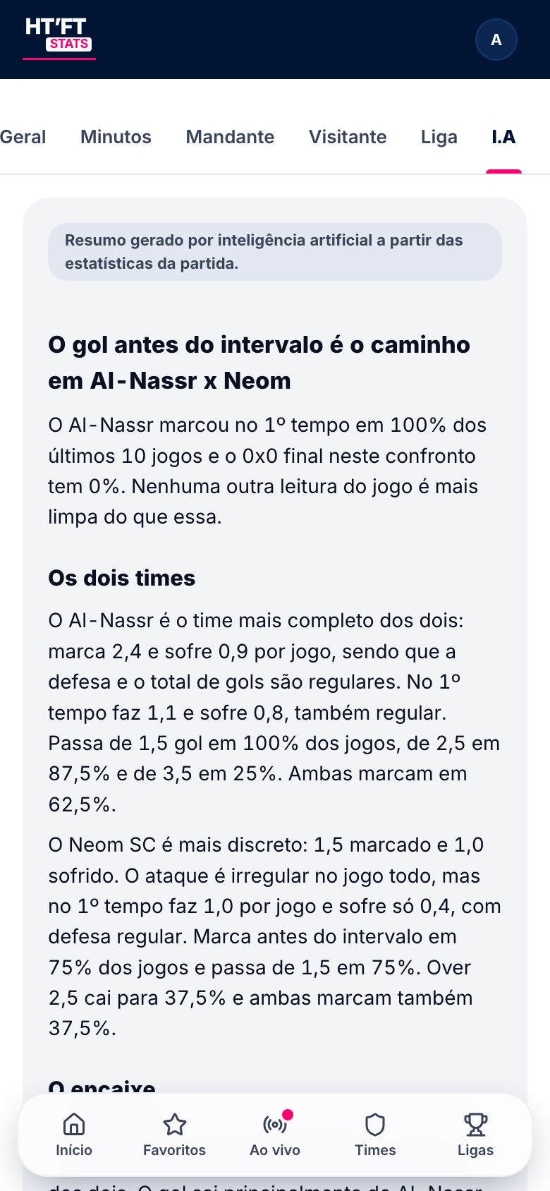 Aba I.A de uma partida: o aviso de que o resumo é gerado por inteligência artificial e o resumo em blocos, com o número-chave, o resumo de bolso e a Aposta do dia.