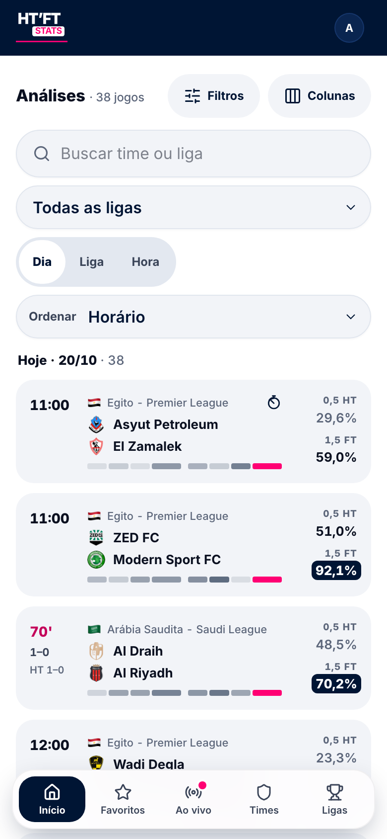 Lista do dia no celular: cada partida com a chance de Over 0,5 HT e de Over 1,5 FT, e as chances a partir de 70% numa pílula escura.