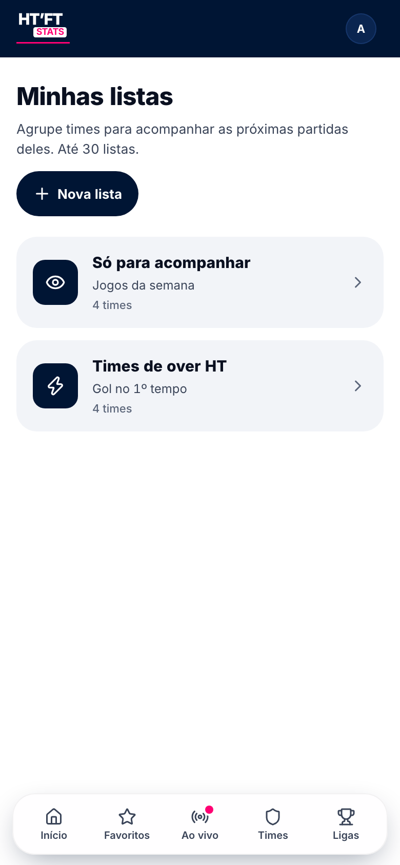 Tela Minhas listas com as listas de times criadas pelo usuário.
